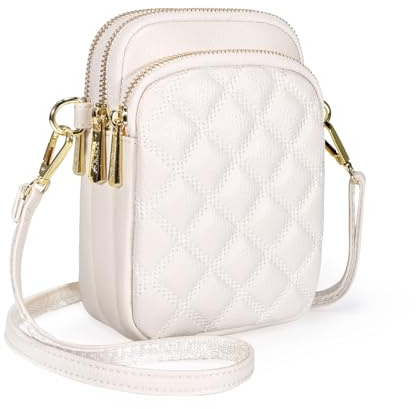 LUKUBGG Handytasche zum Umhängen, PU Leder Handy Umhängetasche Damen, Cremeweiß große Kapazität Handytasche mit Geldbörse zum Umhängen, Gesteppte Kleine Handtasche Damen