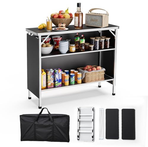 Warmiehomy Folding Camping Table with 2-Tier Shelves, Portable Camping Kitchen Unit Picnic Table with Removable Cloth Cover for Garden Camping, Black,99x39x89cm