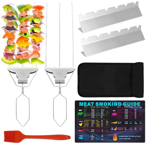 2 spiedini per griglia a 3 vie, spiedini in metallo per kebab, spiedini per barbecue in acciaio inox con spazzola, supporto, facili da usare, spiedini per kebab, per grigliare carne/pollo/salsiccie