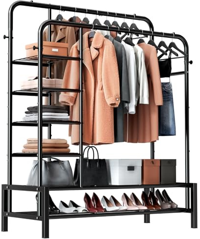 ZHKINGGS Clothes Rack, Double Rods Clothing Rack with 2 Bottom Shelves & 4 Side Shelves, Metal Garment Rack for Hanging Clothes, Heavy Duty Clothes Rack for Bedroom, Laundry, Living Room, Black