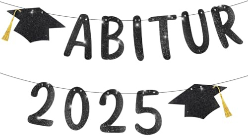 Graduation Deko Glitzer Schwarz,Abitur 2025 Girlande mit Absolventenhut Motiv, Abschluss Deko Banner Papier,Graduation Dekoration für Abi Abschlussfeiern für Bachelor und Master Abschlussfeiern