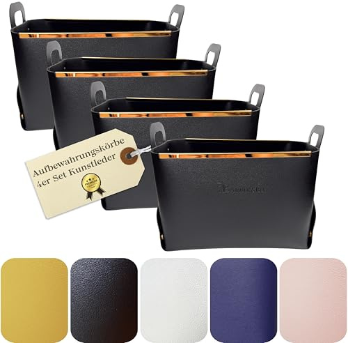 Amber&Bee Lederoptik Aufbewahrungskorb 4er-Set dekorativ (Midnight Noir Schwarz)