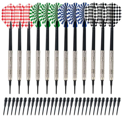 Elalove Unisex-Adult 12 Stück Soft Dartpfeile 14g mit Kunststoffspitze – Inklusive 100 Ersatzspitzen – Leicht und langlebig für Dartspiel, Bunt, 15 x 3 cm