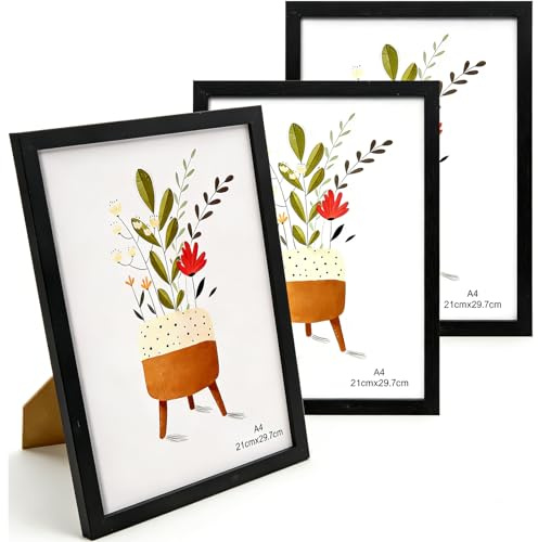KASURE Cadre Photo Ensemble 3 Pièces，Cadre 21x29,7 cm，Cadre A4 Avec Du Verre Organique,Convient Pour L'affichage Mural Et De Bureau De Photos, D'images Et D'affiches(Noir)