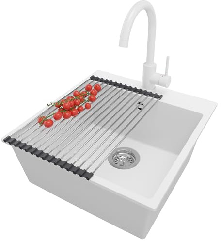 PRIMAGRAN Lavandino da Cucina al Mobile 50cm + Rubinetto, 48x50cm | Set: Rubinetto BW5010 + Kit di scarico + Scolapasta avvolgibile + Lavello in Granito a 1 Vasca - Riga, Bianco