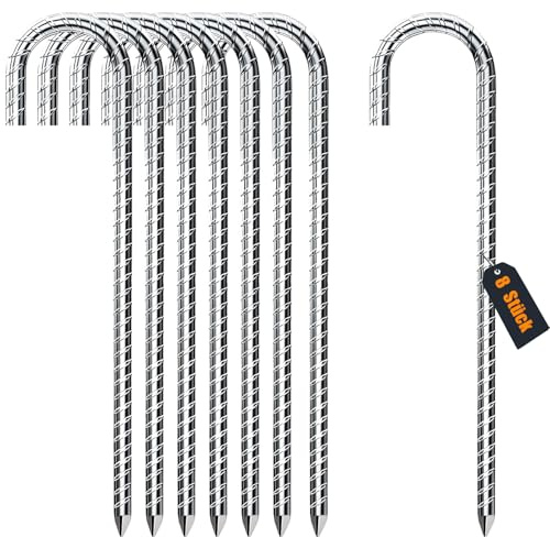 AVOFOREST 8 Pack Tent Pegs Metal Heavy Duty,12 Inch Ground Pegs,Galvanised Steel J Shaped Trampoline Pegs Ground Anchor Pegs for Outdoor Camping,Trampoline,Football Net,Swing,Canopies,Gazebo