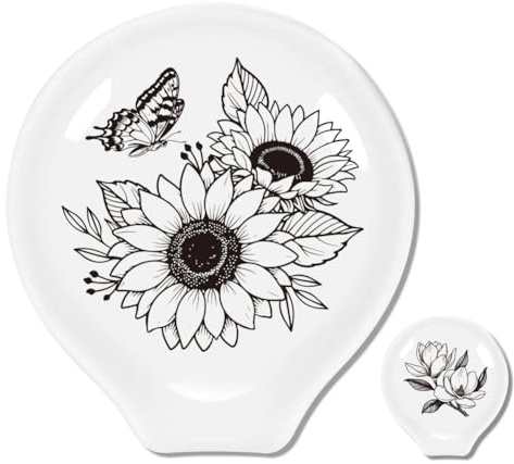 ANATTASOUL 2 Pcs Repose Cuillère Cuisine en Céramique 9 * 8.5cm, Support pour Ustensiles de Cuisine, Porte-Cuillère pour Spatules,Pinces, Cuillères à Café ou Ustensiles（Fleur）