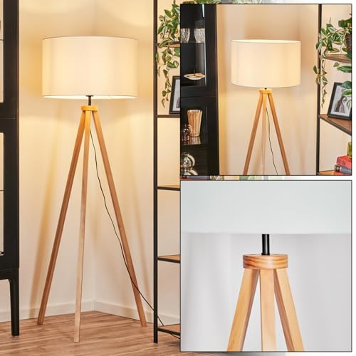 HOFSTEIN Stehleuchte Flemming, Stehlampe aus Holz im modernen Boho-Design, Schirm aus Stoff, Ø 50 cm, 154 cm, E27, mit Fußschalter - Wohnzimmer, Schlafzimmer, Esszimmer, Flur