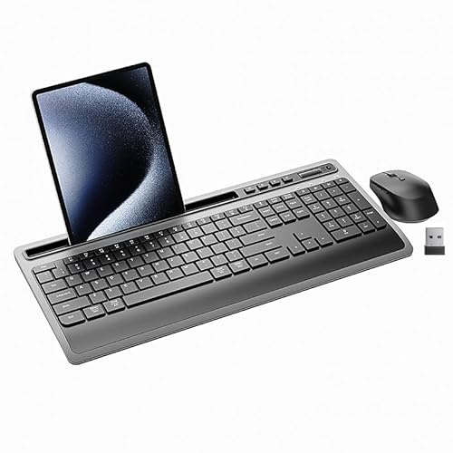 PUSOKEI Combo da Tastiera e Mouse Wireless da 2,4 G, Tastiera Ergonomica a Grandezza Naturale con Porta Tablet di Telefono, Mouse Silenzioso per PC per Laptop per Computer