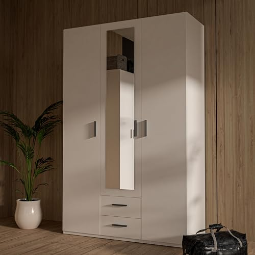 Forte TRAWEN Kleiderschrank 130 140, moderner Kleiderschrank, Flurschrank, Mehrzweckschrank, 3-türig, 2 Schubladen, Spiegel, Holzwerkstoff, Weiß, 133,2 cm breit x 210,5 cm hoch x 54,2 cm tief