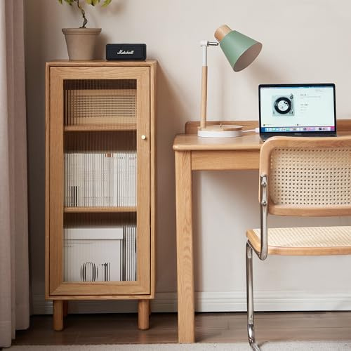 YESWOOD Massivholz Beistellschrank, schmal & platzsparend mit Riffelglas, Bücherschrank für Wohnzimmer & Arbeitszimmer, 106H×35T×42Bcm, Eiche