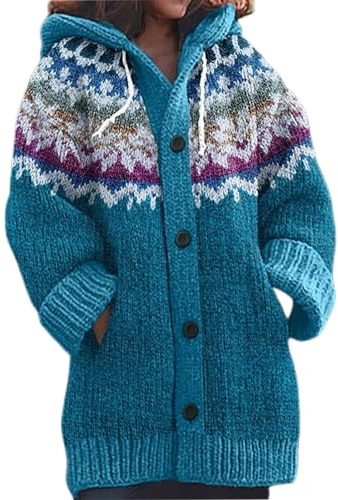 Generisk norsk tröja, jul, kvinnor, stickad tröja, damer, lång, festlig, grovstickad huvjacka, vinter, varm, grovstickad tröja, tryckt sweaterjacka med knappar, vinter, tjock huvtröja, jacka, blå, XL