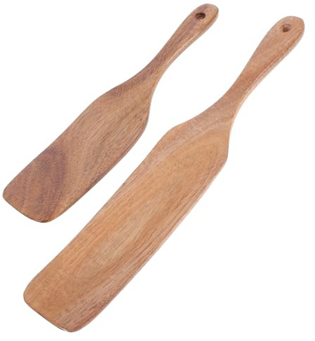 BESPORTBLE Ensemble 2 Pièces Ustensiles Cuisine en Bois Massif Spatule Plate à Long Manche Ergonomique et Cuillère en Bois pour Friture et Cuisson Polyvalente Résistante à la Chaleur la