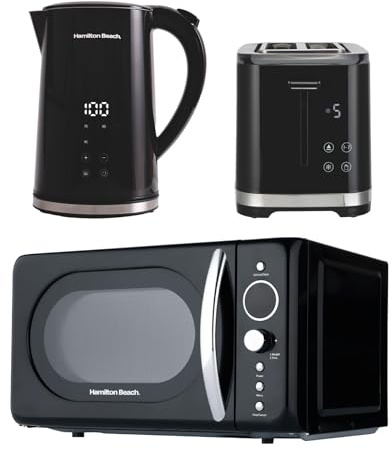 Hamilton Beach Kettle Toaster Microwave Set, FlexiControl, Electric Kettle, 1.7L, Digital, Variable Temperature, Toaster 2 Slice, Microwave Oven, 20L, Retro, Kitchen Set, Black - HBFLEXRET