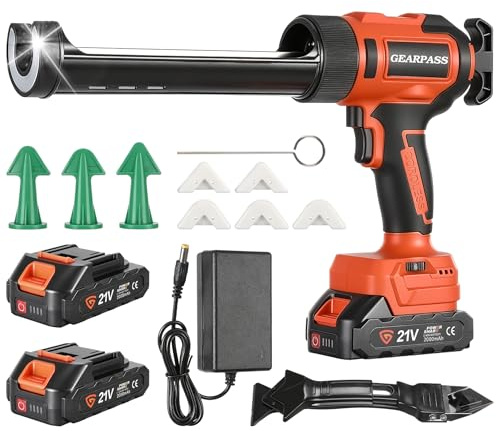 Akku-kartuschenpresse, 10-teiliges Set, 600 kg Schubkraft, 6 Geschwindigkeitsstufen, 2 x 2000 mAh Akkus, Tropfstopp, automatischer Rücklauf, LED-Licht, Kartuschenpistole für Wohnmobile, Heimwerker un