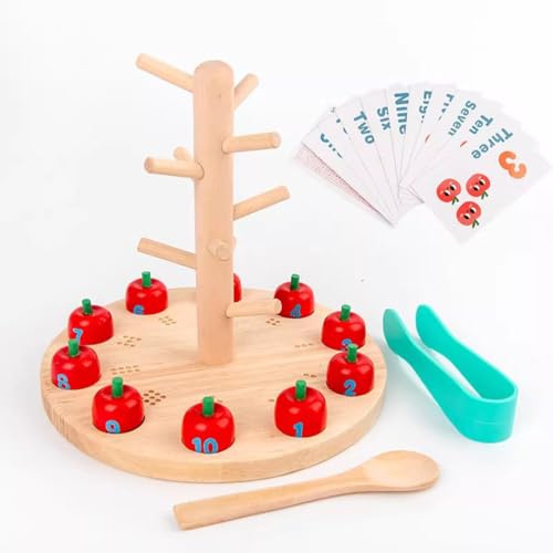 LLTCMYGS Montessori Apple Picking Tree Wooden Toy, Numbered Fruit Picking Game with Cards for Toddler