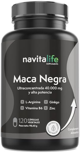 Maca Negra Peruana Andina Ultra concentrada 40.000mg Extracto 25:1 | Alta Pureza Sin Metales Pesados | L-Arginina, Zinc, Ginkgo Biloba y Vitamina B6 | Potencia tu Energía y Vitalidad | 120 cápsulas