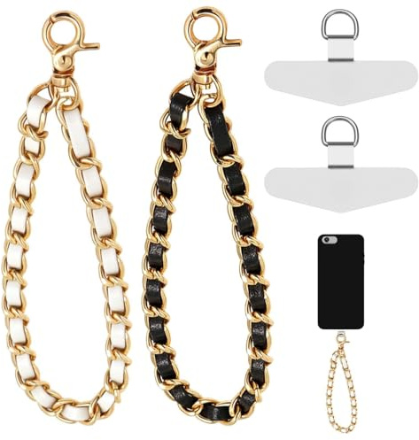 xoqoiuo 4 Pcs Universal Phone Strap Wrist with Tether Clip, Phone Wrist Strap Anti Theft, Anti-Theft Phone Lanyard Gold Link Chain, for Daily Travel and Outdoor Activities(Black and White)