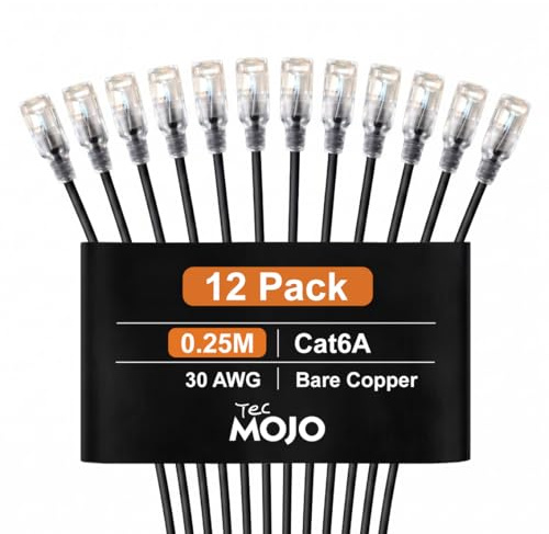 Tecmojo Cat6A Ethernet Cable, 0.25m Patch Cable 12 Pack 30AWG Ultra Thin 10 Gbps RJ45 Pure Copper Core LSZH Network Patch Cord for Router Modem Patch Panel Faster Than Cat6 Cat5e and Cat5, Black