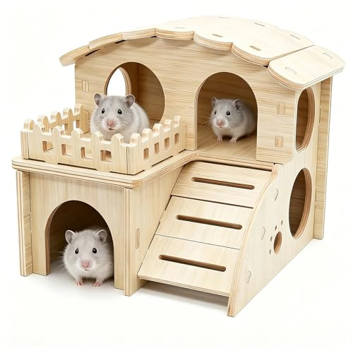 Hamsterhaus aus Holz,Hamster Haus aus Holz Mehrkammernhaus Hamster mit Rampe,Abnehmbar Zwerghamster Zubehör für Kleine Haustiere Zwerghamster Rennmäuse Hamster Versteck (A)