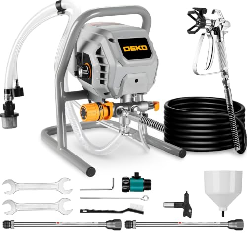 DEKO Pistola per Verniciare Airless 700W 2900PSI, Portata 1,2L/min, Spruzzatore Elettrico Multiuso con Tubo da 7,5M, 2 Prolunghe e Ugelli 311/515 per Pareti, Mobili e Metallo