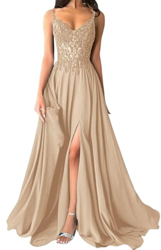 shownicer Robe De Soiree Femme Chic et Elegant Robe Mariage Invitée Bal Robes Dentelles Florales en Mousseline De Soie Bretelles Fente