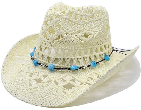Generisch Sombrero de vaquero occidental para mujer y hombre, sombrero de paja moldeable, sombrero para el sol ahuecado para vacaciones, ocio, protección solar, amarillo claro, talla única