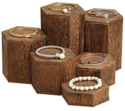 MOOCA Wooden 6 Pcs Hexagon Risers for Display Jewelry and Accessories Display Stand, Brown