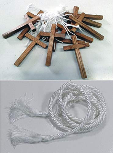 AJL Croce in Legno con Laccetto e CINGOLO Bianco Prima Comunione Artigianale