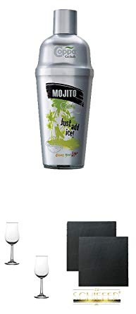 Coppa Cocktails Mojito Ready to Drink 0,7 Liter + Nosing Gläser Kelchglas Bugatti mit Eichstrich 2cl und 4cl - 2 Stück + Schiefer Glasuntersetzer eckig ca. 9,5 cm Ø 2 Stück
