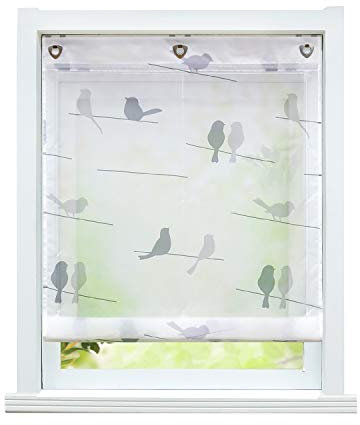 ESLIR Raffrollo ohne Bohren Raffgardine mit Ösen Transparent Gardinen mit U-Haken Ösenrollo Modern Weiß Vögel Muster BxH 60x140cm 1 Stück