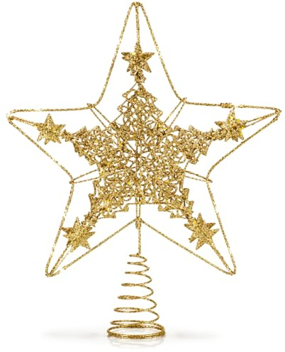 COM-FOUR® Deko Stern Weihnachten, Weihnachtsdekoration Stern aus Metall | Aufsteller Weihnachtsstern mit Glitzer - goldfarbene Weihnachtsbaumspitze