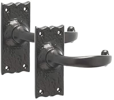 Golden Grace Antique Plain Design Latch Door Handles, 1 Pair, Black | Includes spindle and screws for easy installation, with a 120mm x 50mm backplate to add rustic character.