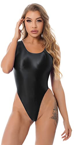 Agoky Damen Metallic Body ohne Arm Top Shirt Hoch geschnitten Stringbody Schwarz F XL