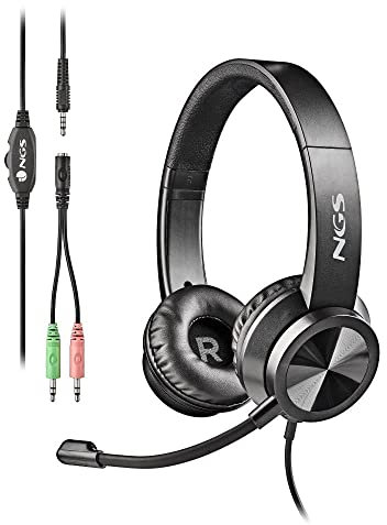 NGS MSX11 PRO - Cuffie On-Ear con Microfono Flessibile, Conessione Jack da 3,5mm e Doppio Adattatore Jack per PC, 20 Hz, Nero, Large