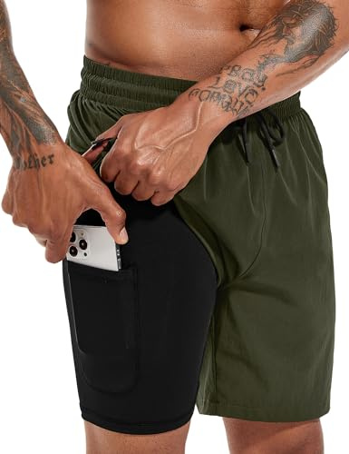 Atforna badbyxor herr långa 2 i 1 badshorts med kompression snabbtorkande ventilerande badshorts med dragkedja justerbar dragsko, Army Green, S