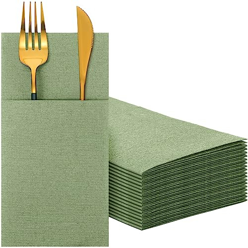 Seajan 35 Pieces Pocket Linen Napkins, Disposable Airlaid Paper Prefolded Dinner Napkins with Built in Flatware Pocket for Silverware Wedding Party(Sage Green)