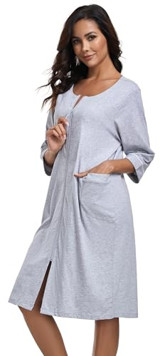 COLORFULLEAF 100% Baumwolle Morgenmantel Damen Leicht Bademantel Damen 3/4 Ärmel mit Reißverschluss Bademantel mit Taschen Kurz