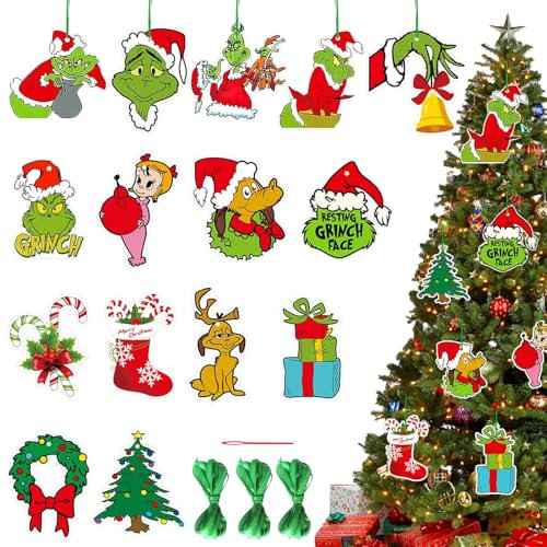 SPHERETRON Grin-ch Deko 30 Stück Grinch Weihnachtsdekorationen Grinch Weihnachtsschmuck Papier Hängende Grinch Weihnachtsdeko Anhänger,Weihnachtsbaumschmuck für Urlaubsatmosphäre,Dekoraen,Geschenk usw