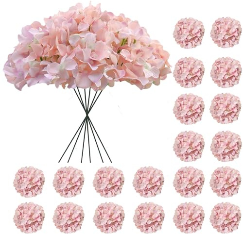 Cherica Künstliche Hortensien, Kunstblumen, Hortensien, künstliche Hortensien, künstliche Seiden-Hortensien mit Stielen, rosa Blumen, künstlich für Dekoration, Hochzeitsdekoration, 20 Stück