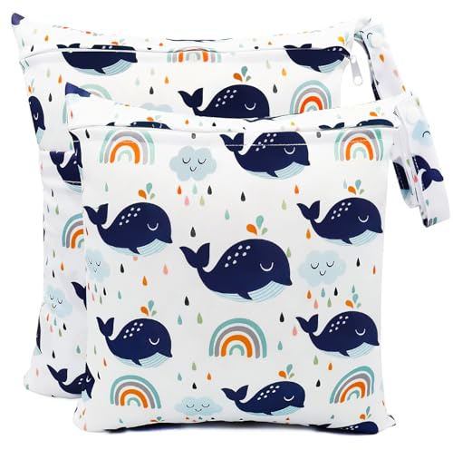 Darryy Bolsa de Pañales Impermeable, 2 Pcs Ropa Impermeable Guarderia, Humeda Bebe, para Ropa Mojada, de Tela para Muda Bebe, Wet Bag Pañales con Cremallera (Ballena)