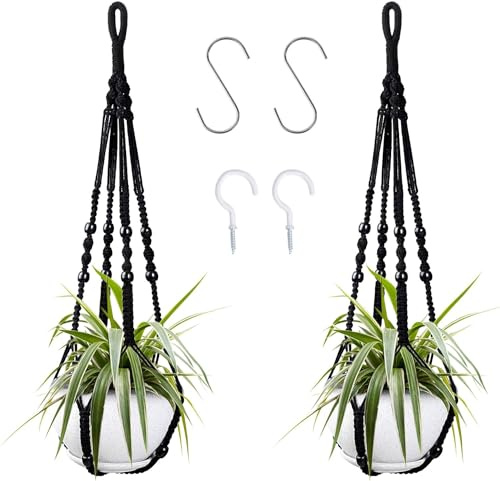 2 Pack Macrame Plant Hangers, Boho Style Indoor with 4 Hanging Hooks, 100% Cotton Degradable Rope, 90cm Ceiling Holder for Garden, Office, Home Decoration (Black)