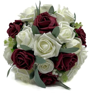 Artificial Wedding Flowers Hand-made by Petals Polly, Burgundy & Ivory Rose Bridesmaids Bouquet Posy with Ranunculus and Hydrangea, Deep Red, Claret