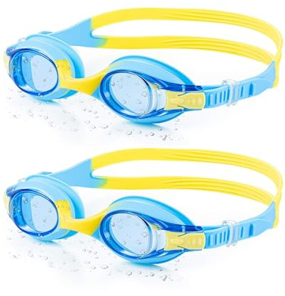 Generic Portzon Unisex-Child Swim Goggles, Anti Fog No Leaking Clear Vision Water Pool Swimming Goggles, Blue/Yellow, Pack of 2