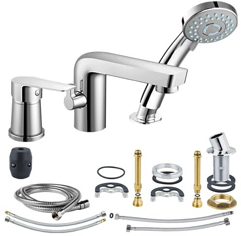 SOTBE Wasserhahn Bad - 3-Loch Badewannenarmatur mit Duschset - Mischbatterie Dusche - Duscharmaturen - Armatur Badezimmer - Mischbatterie Badewanne - MESSING