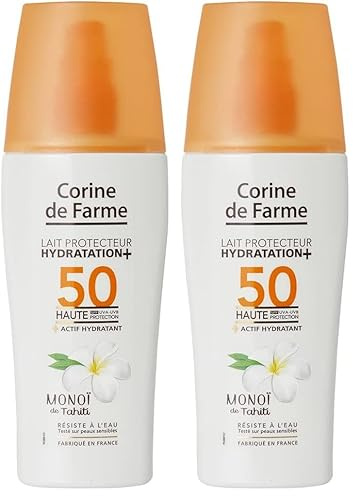 Corine de Farme - Lait Protecteur Hydratation+ SPF50 Protection UVA-UVB - Crème Solaire Hydratante, Sans Paraben, Résiste à l’Eau - Monoï de Tahiti - 150 ml (Lot de 2)