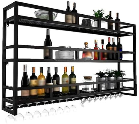 ICEMOB Botellero Pared Metal,Botellero Vino con Luz LED,Tres Capas Vinotecas,Copa Colgante Al Revés,Almacenar Botellas para Cocina, Comedor, Hogar, Bar,200CM