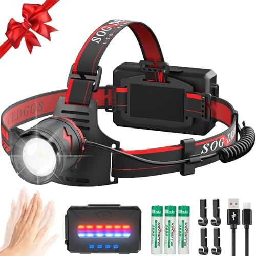 Sogdeco Superhell 3000 Lumen LED Kopflampe mit Sensor, 11 Lichtmodi, 7800mAh Akku, 90° Einstellbar für Camping, Angeln, Joggen
