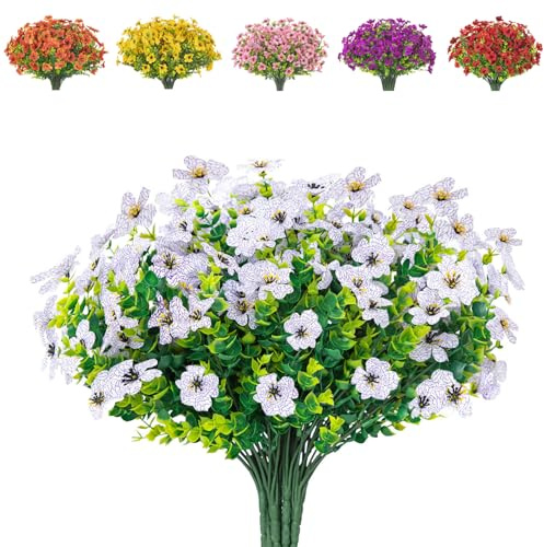 AIOR 10 Bündel Künstliche Blumen Outdoor Deko Künstliche Pflanzen, Faux Künstliche Seidenblumen UV-beständige Kunstblumen für Haus Garten, Balkon, Fensterbank (Weiß)