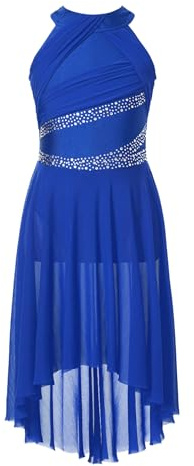 Miutii Kinder Mädchen Lyrisch Tanzkleid Glitzer Eiskunstlauf Kleid mit Asymmetrisch Rock Contemporary Modern Dance Ballerina Latein Tanzkleid Royal Blau 158-164